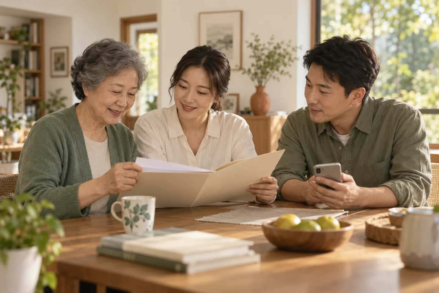 母亲和成年子女围坐在家中，一起整理资料、查看手机